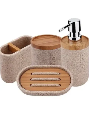 Horká Nabídka Sada koupelnových doplňků Kora, dávkovač, mýdlenka, dózy na kartáčky a tampóny, písková béžová / bambus - koupelny-sanita.cz