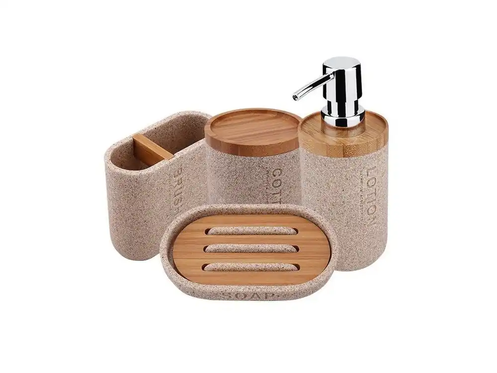 Horká Nabídka Sada koupelnových doplňků Kora, dávkovač, mýdlenka, dózy na kartáčky a tampóny, písková béžová / bambus - koupelny-sanita.cz