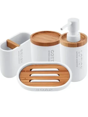 Pouze Dnes Sada koupelnových doplňků Kora, dávkovač, mýdlenka, dózy na kartáčky a tampóny, bílá / bambus - koupelny-sanita.cz