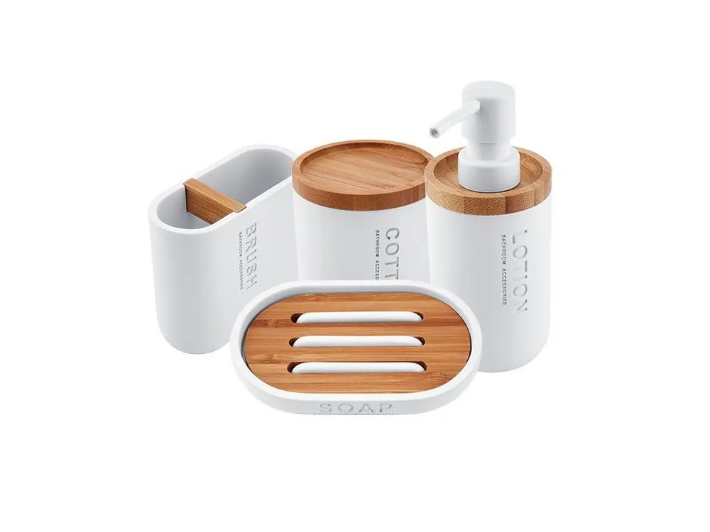 Pouze Dnes Sada koupelnových doplňků Kora, dávkovač, mýdlenka, dózy na kartáčky a tampóny, bílá / bambus - koupelny-sanita.cz