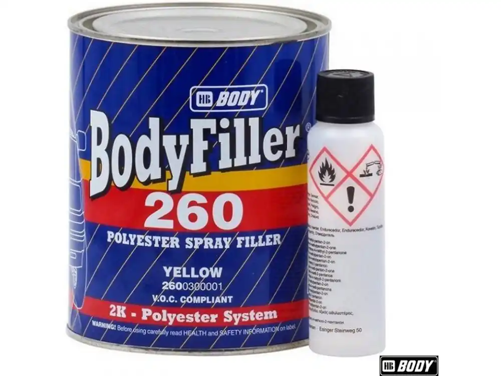 Stříkací tmel BodyFiller® 260 Polyester Filler plnící, žlutý, sprej 1 l Poslední Šance