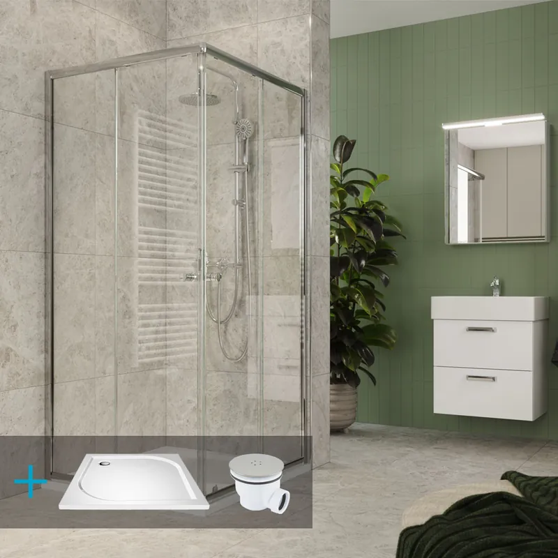 Značkový Mereo Kora Lite sprchový set: sprchový kout 80x80x185cm, chrom ALU, sklo čiré, 80 cm, vanička, sifon