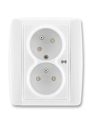 ABB 5583E-C02357 01 Element® Zásuvka dvojnásobná s ochrannými kolíky, s clonkami, s natočenou dutinou, s ochranou před přepětím, bílá / ledová bílá Víkendová Akce