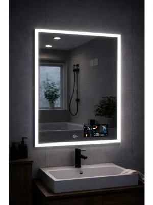 Značkový LED zrcadlo Bright Digital 60x65 cm s meteostanicí a teploměrem