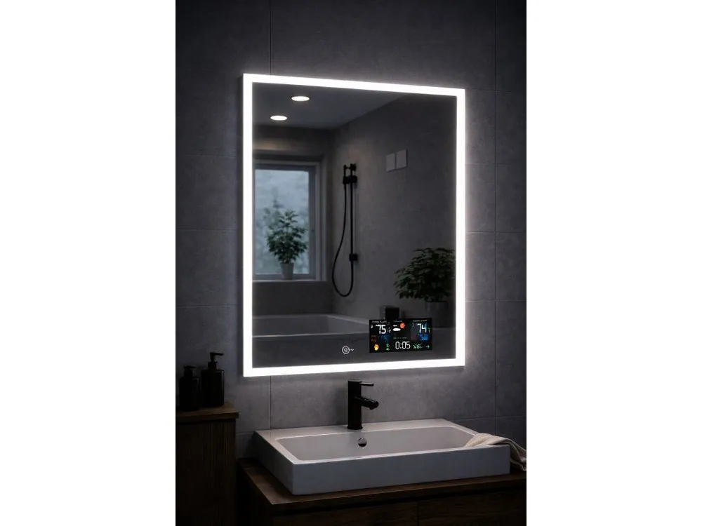 Značkový LED zrcadlo Bright Digital 60x65 cm s meteostanicí a teploměrem