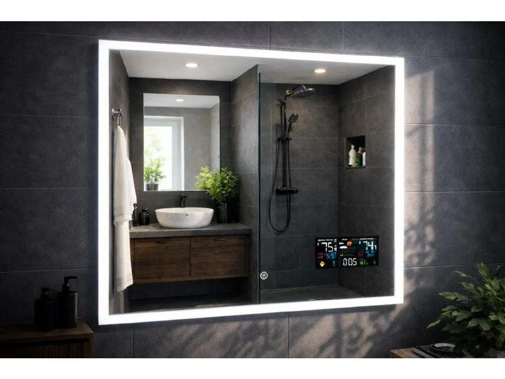 Aktuální Moderní LED zrcadlo Bright Digital 80x65 cm s meteostanicí