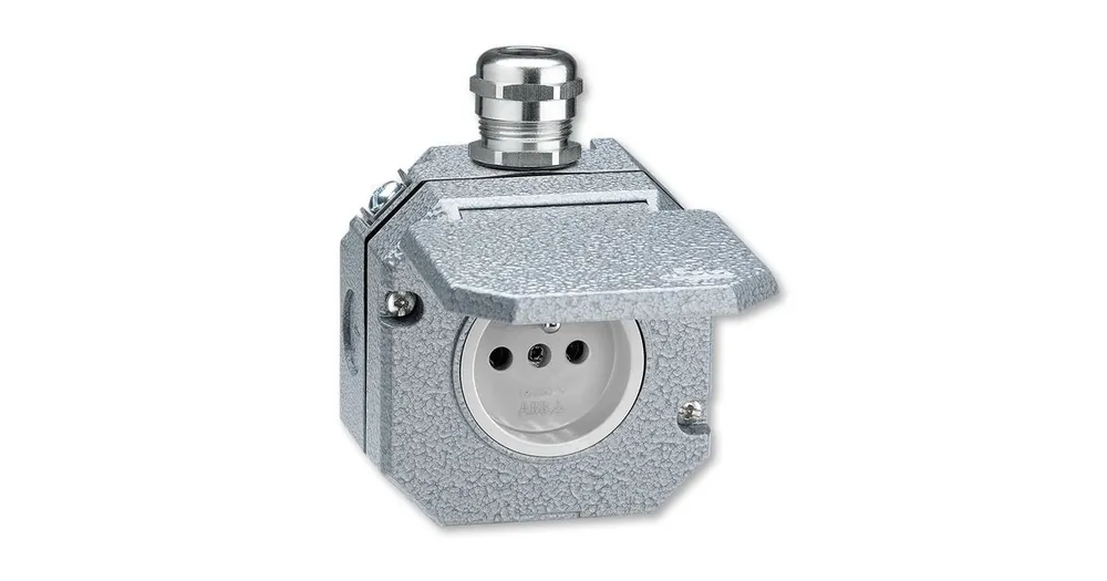 ABB 5518-2760 Garant zásuvka jednonásobná IP55, s ochranným kolíkem a víčkem, s kovovou kabelovou průchodkou, šedá 16A/250VAC Zlevněný